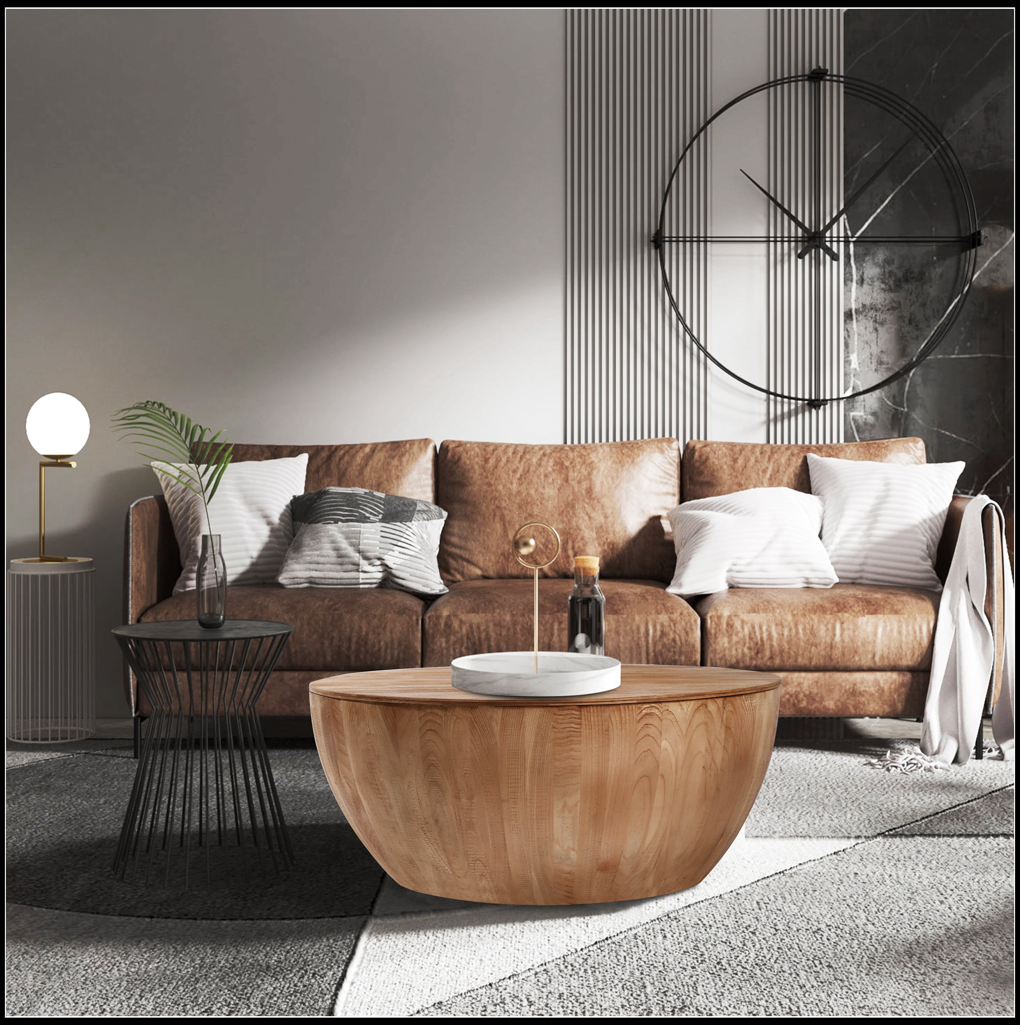 35.43"Vintage Style Bucket Shaped Coffee Table for Office, Dining Room and Living Room,Natural