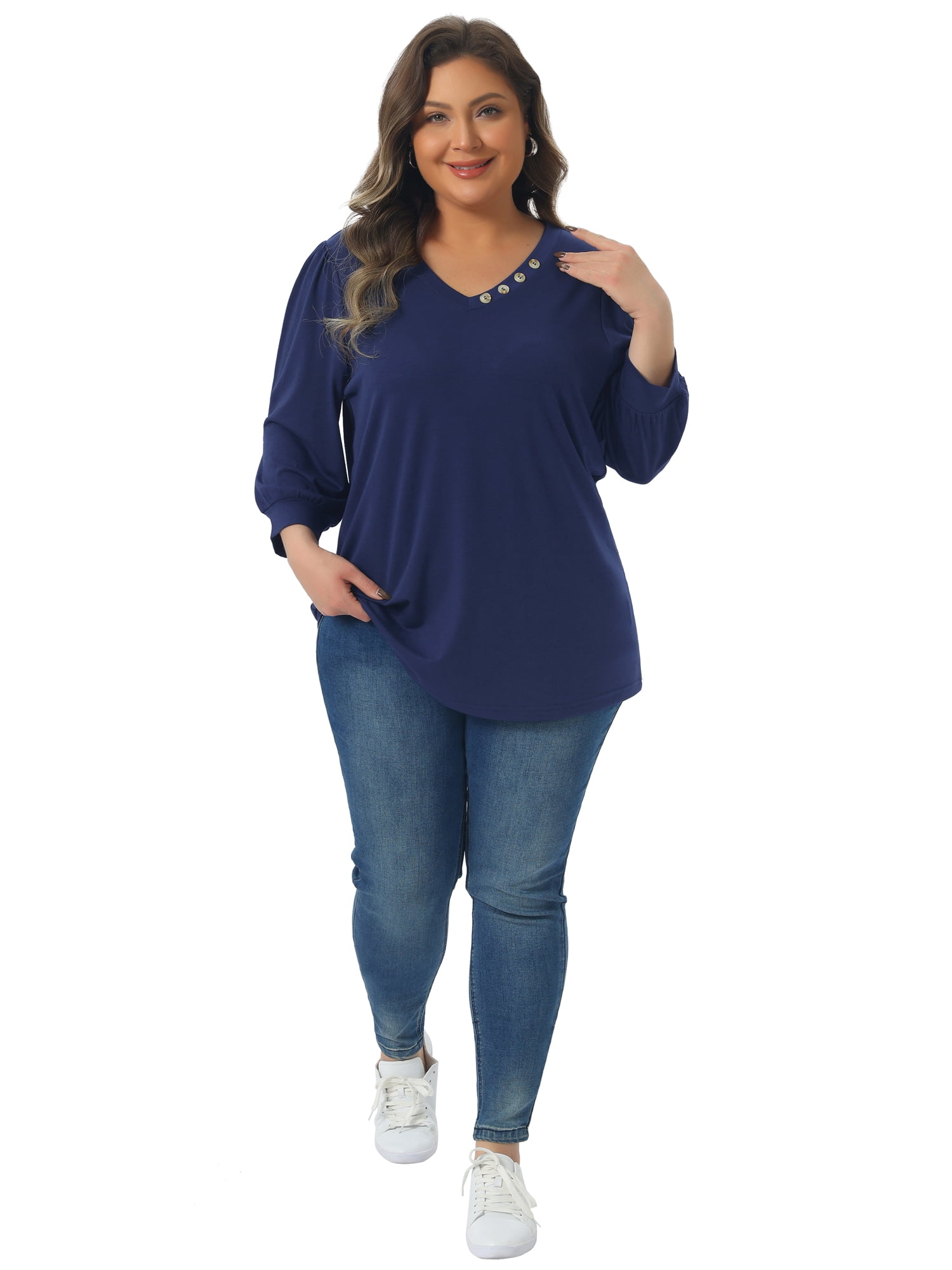 DARING DIVA Women's Plus Top 3/4 Sleeve V Neck Button Decor Casual Shirts 1X Navy Blue