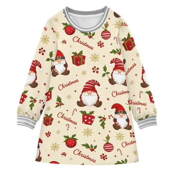 Girls' long-sleeved dress Christmas Holly Gnome Snowflake Girls' A-line dress with ribbed cuffs Soft and comfortable