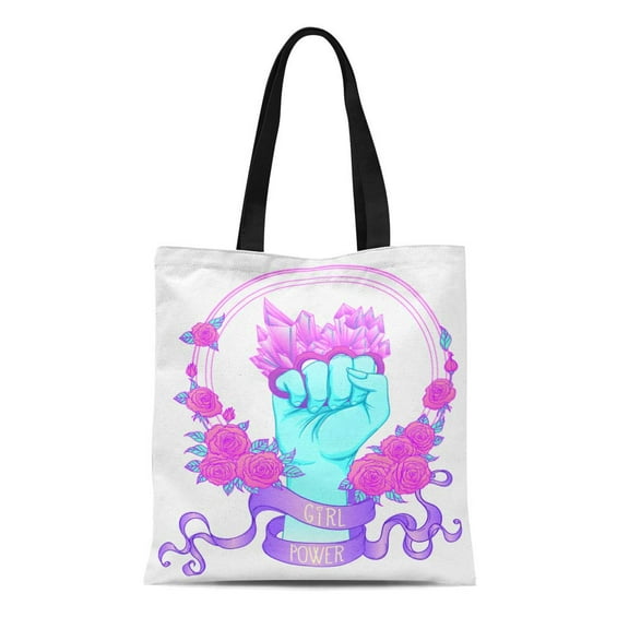 SIDONKU Canvas Tote Bag Woman Hand Crystal Quartz Brass Knuckles Fist Raised Up Reusable Shoulder Grocery Shopping Bags Handbag