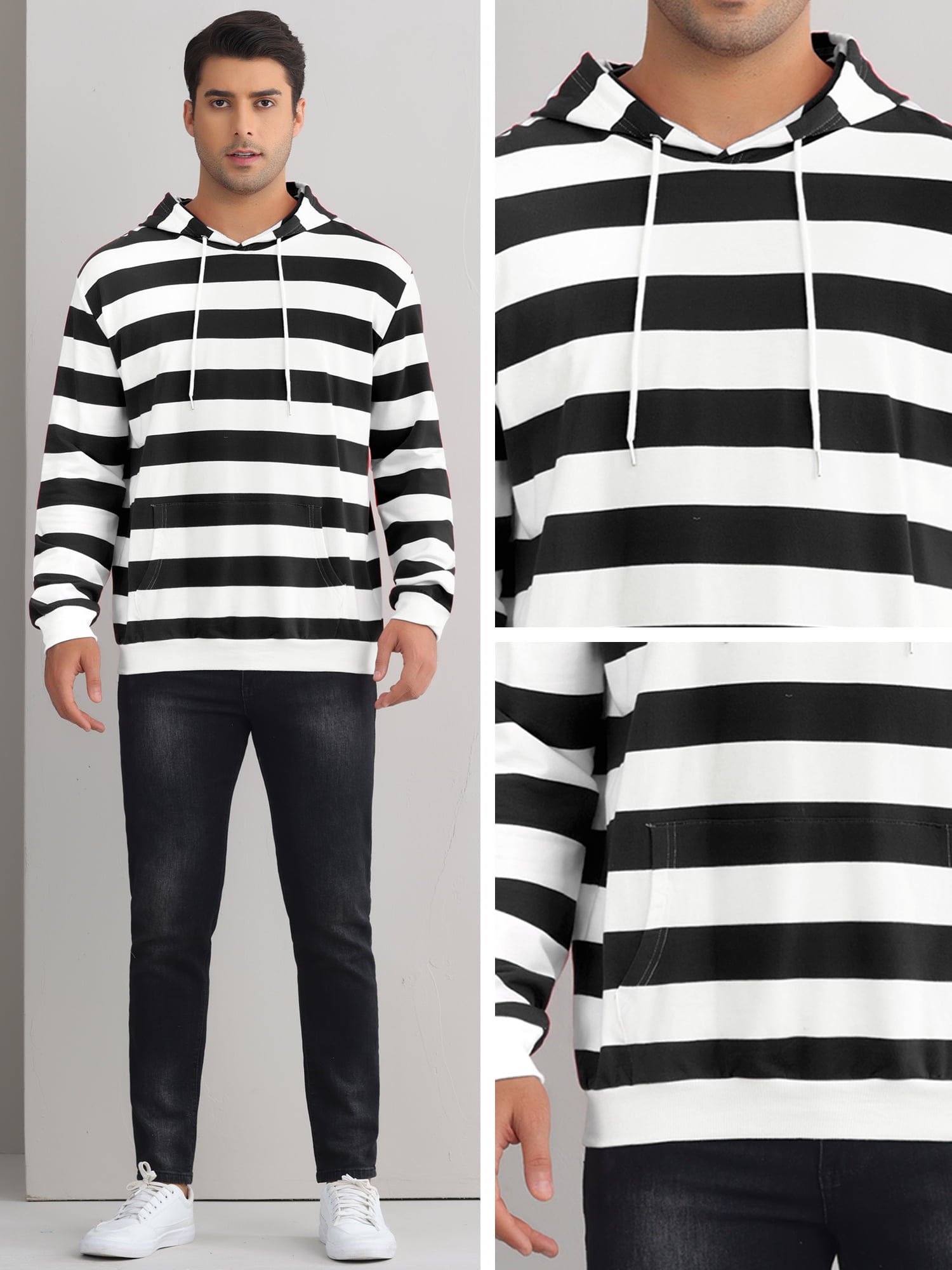DARING DIVA Men's Striped Long Sleeves Drawstring Pullover Sweatshirts Hoodie L Black White