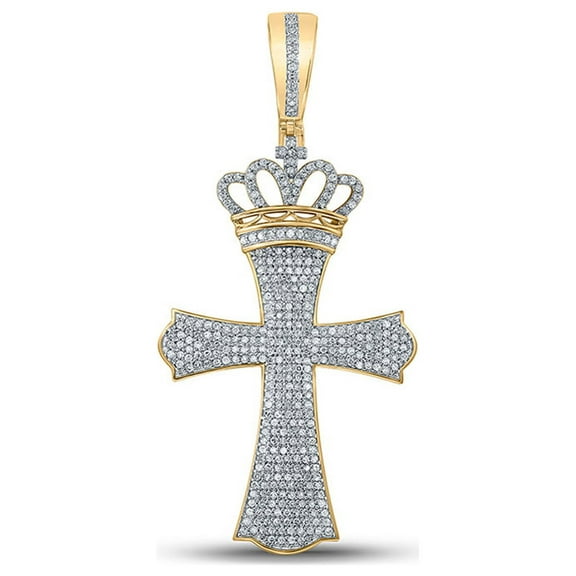 Macey Worldwide Jewelry 10k Yellow Gold Mens Diamond Crown Cross Charm Pendant 1 Ctw