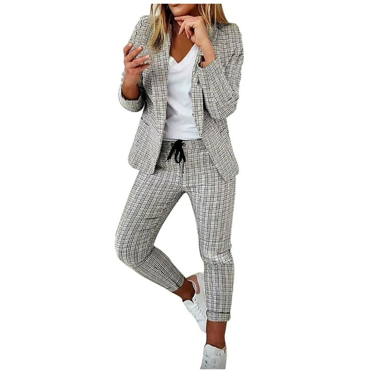 qolati Womens Spring Suit Set Dressy Casual Business Work 2 Piece Outfits  Office Open Front Blazer and Pants Matching Sets 