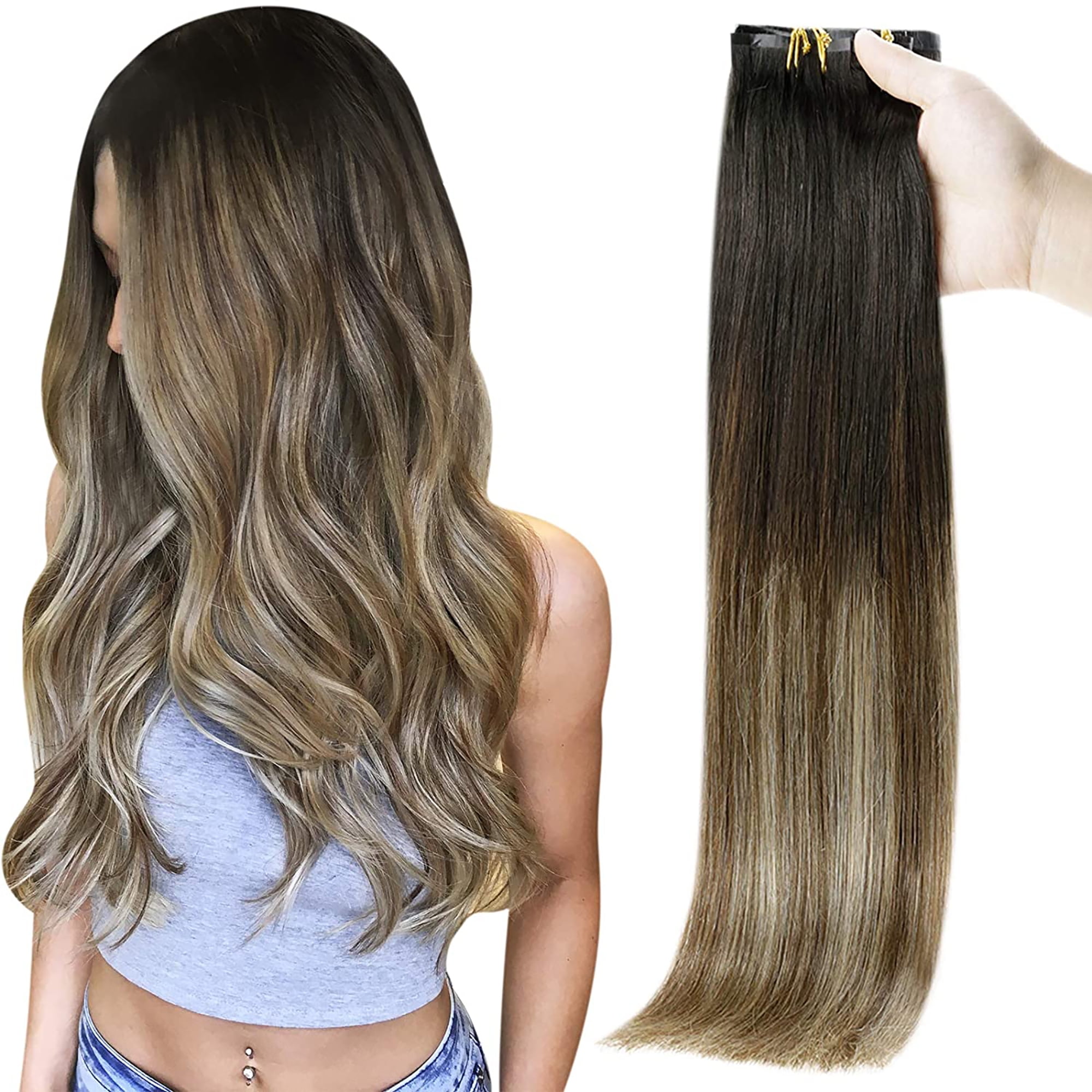 Full Shine Seamless Clip in Remy Hair Extensions Human Hair for Women Ombre  18 inch Real Hair Clip in 1B/6/27 Black Balayage 8 Pcs 100g 