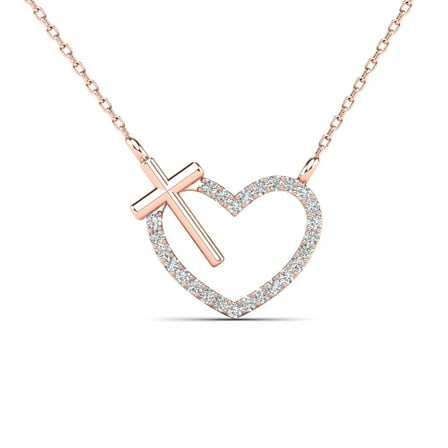 aaXia 10K Rose Gold 1/10ct. TDW Diamond Heart with Cross Necklace (H-I, I1-I2)
