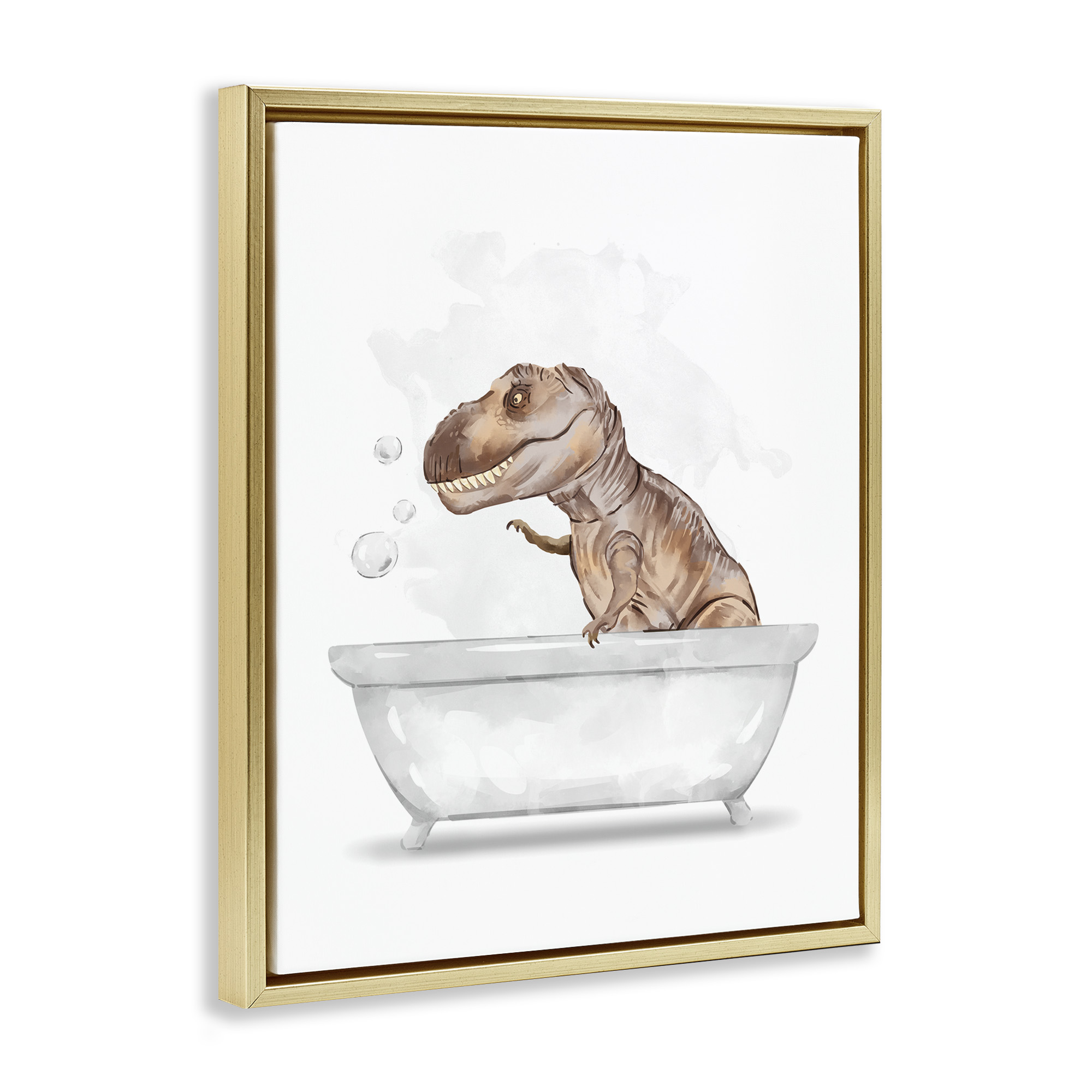 Stupell Industries T-Rex Dino in Bubble Bath Animals & Insects Painting Gold Floater Framed Canvas Art Print Wall Art, 25 x 31