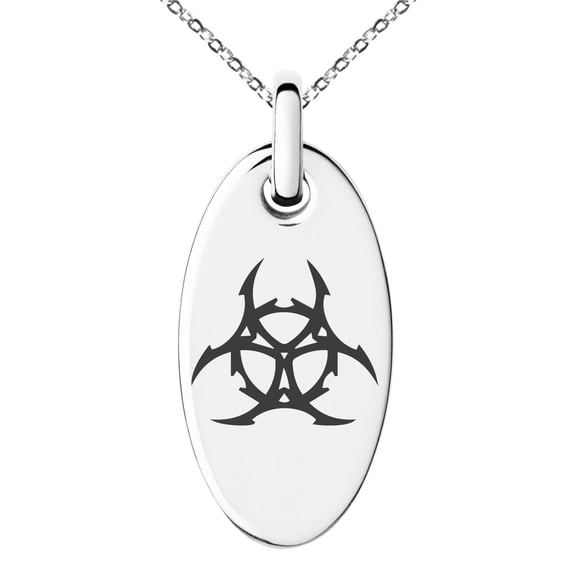 Stainless Steel Barbed Wire Biohazard Engraved Small Oval Charm Pendant Necklace