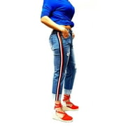 Sweet Look Trendy Womens Casual Distressed Denim Side Stripe Mom Denim Jeans Pants
