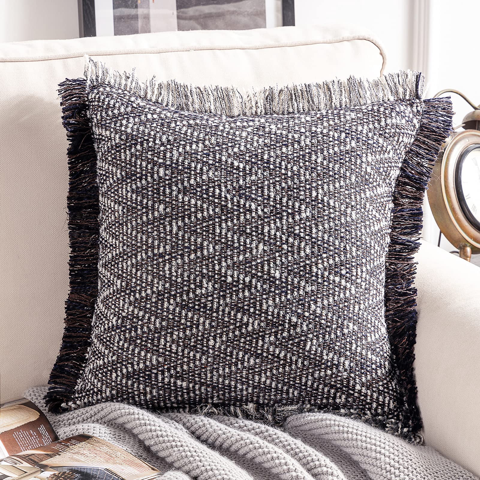 Phantoscope Boho Hand Woven Textured Decorative Throw Pillow with Insert, Fringe Trim, Modern Farmhouse Accent, Black, 18 x 18 in, 1 Pack