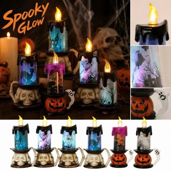Gothic Halloween Decor with Skull Candle and Black Candle in 3.5X3.5X6 Inch, Halloween Shelf Decor for Table Centerpiece and Mantel Decorations, Battery Operated Candle with Warm