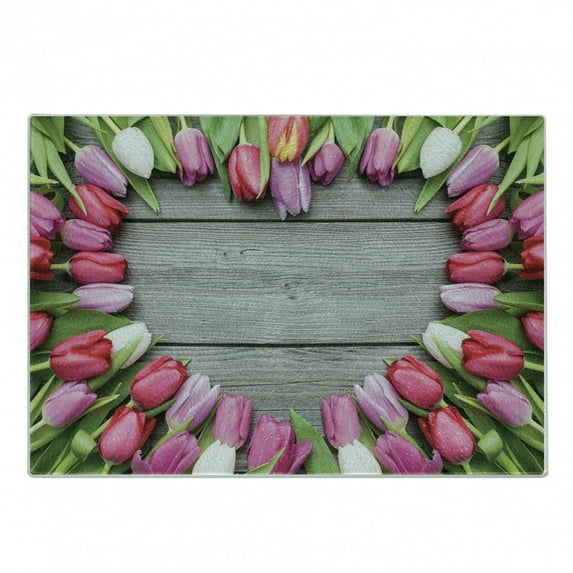 Love Cutting Board, Frame of Fresh Tulips Arranged on Old Wooden Table Countryside Nature Print, Decorative Tempered Glass Cutting and Serving Board, Small Size, Pink Green Umber, by Ambesonne