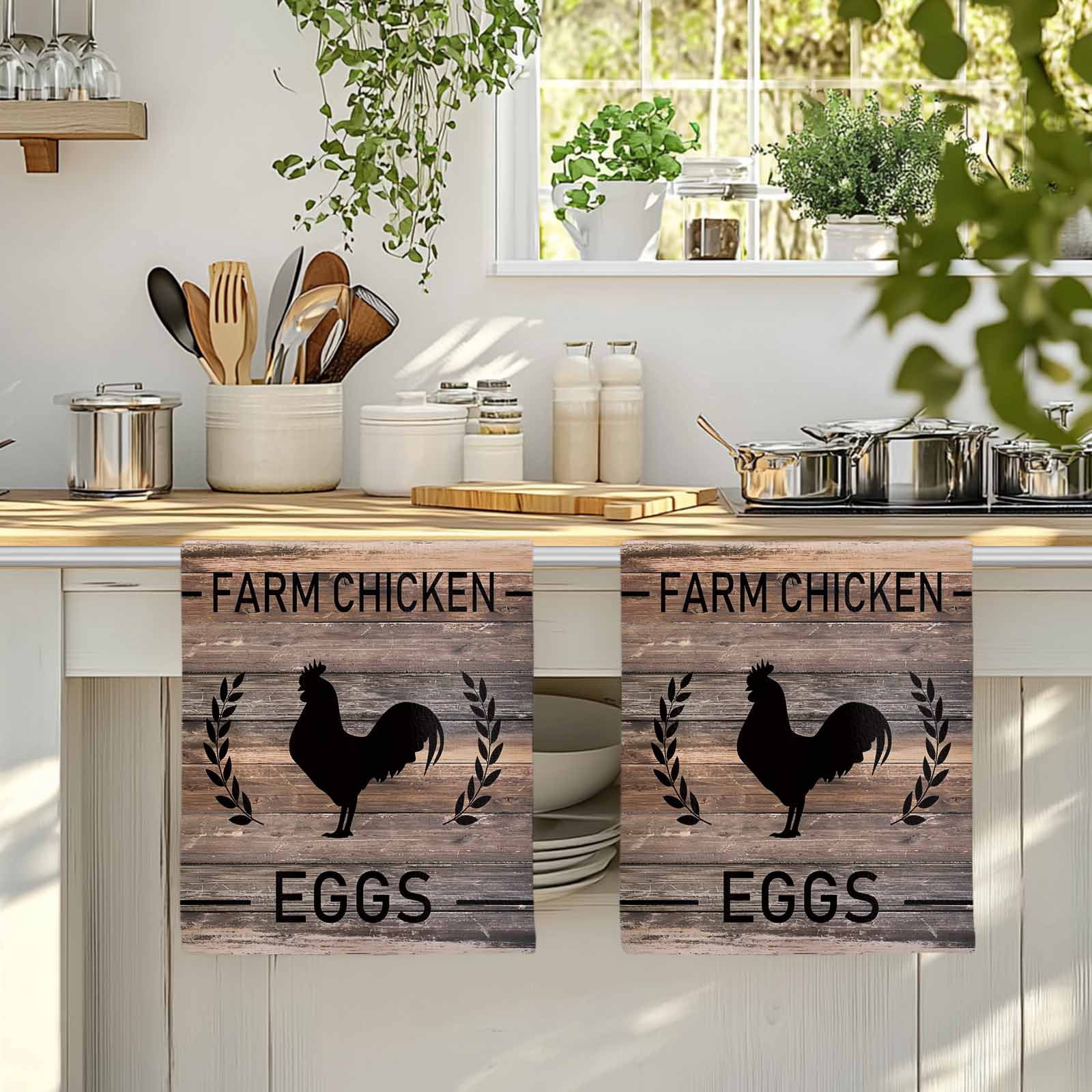 Dish Towels, Chicken Eggs Absorbent Kitchen Towels 2 PCS, Farmhouse Animal Brown Wood Grain Microfiber Hand Towels Dish Cloths Tea Towels for Home&nbsp;Bathroom Cleaning Drying,18X28-Inch,