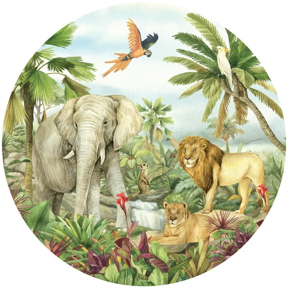 Dundee Deco's Modern Green Yellow Savannah Adventure Circular Peel and Stick Wall Mural, 28 in Diameter (4 sq ft.)