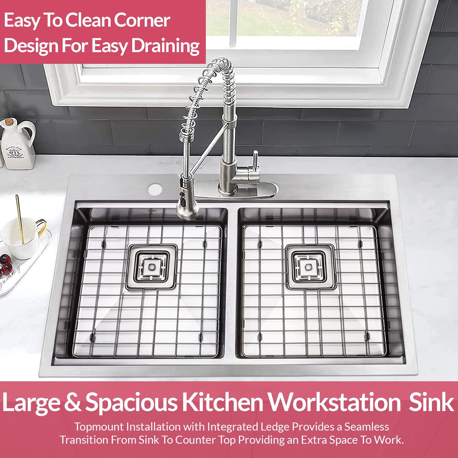 Strictly Sinks 33 inch 16ga Top mount Kitchen Workstation Drop In Sink Silver 50/50 Double Bowl Sink