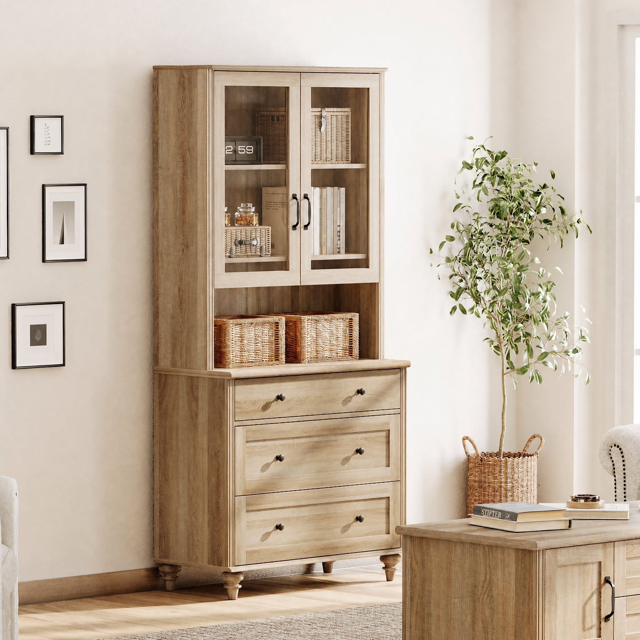 Sideboard Buffet Cabinet with Storage, Morden Bookcase, Bookshelf with 3 Wood Drawers, Farmhouse Library Bookshelves for Living Room, Office, Study Room, Kitchen, Oak, 72" H