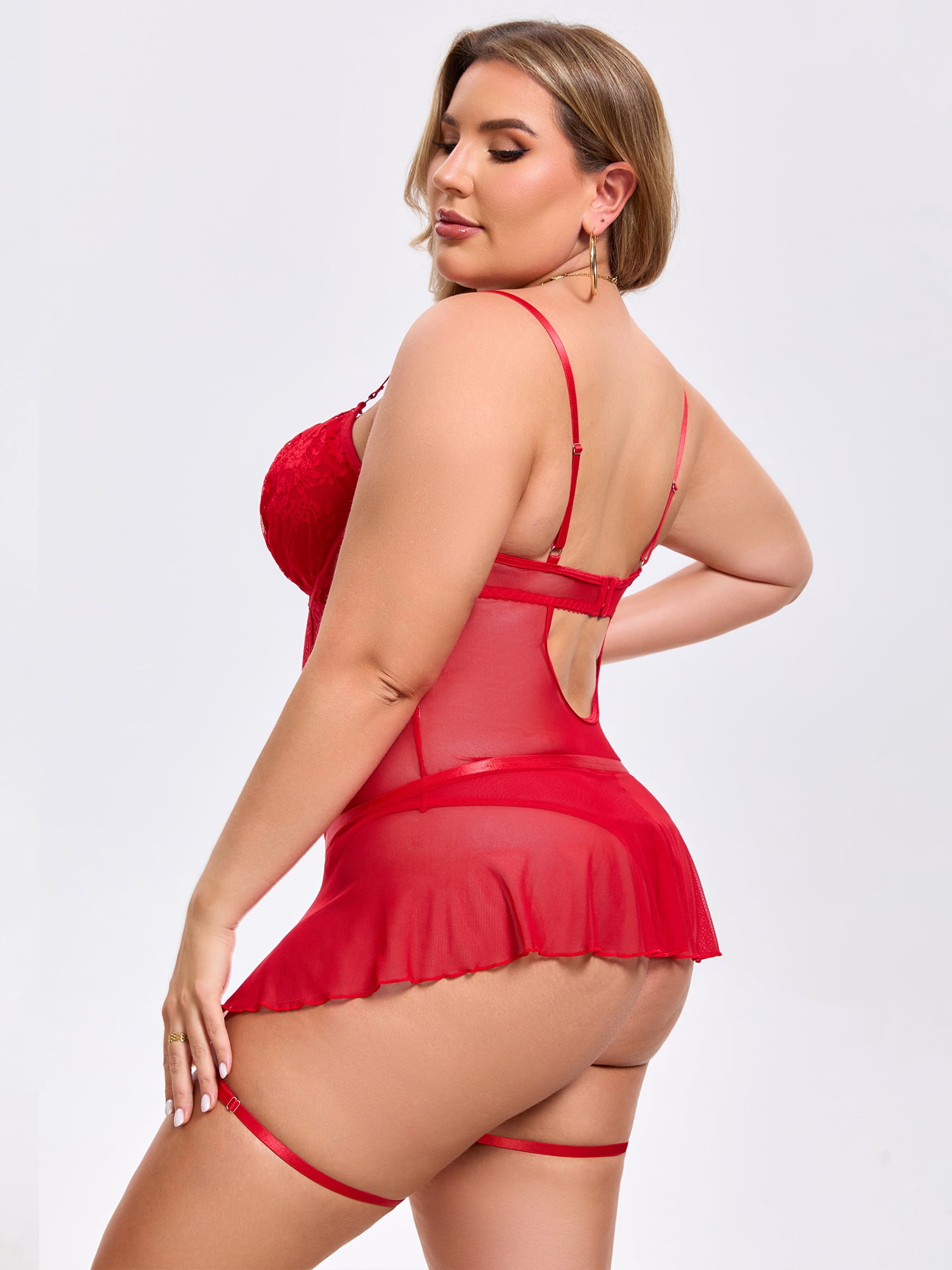 DARING DIVA Women's Cut Out Skirt Bodysuit Underwired Lingerie Set 2XL Red