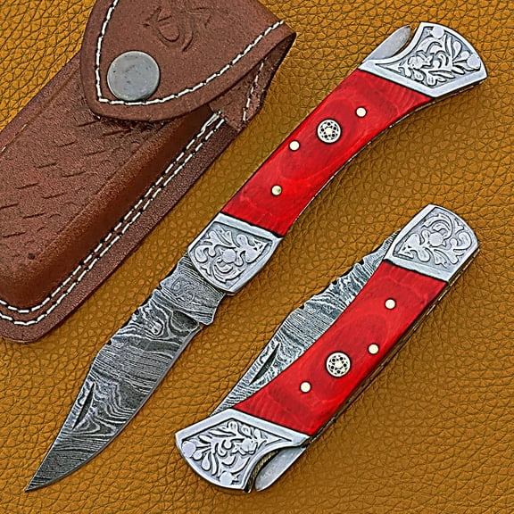 SS SMART & SHARP SPORTS INC Custom Handmade Damascus Steel Pocket Knife AR-17412 (Red Colored wood)