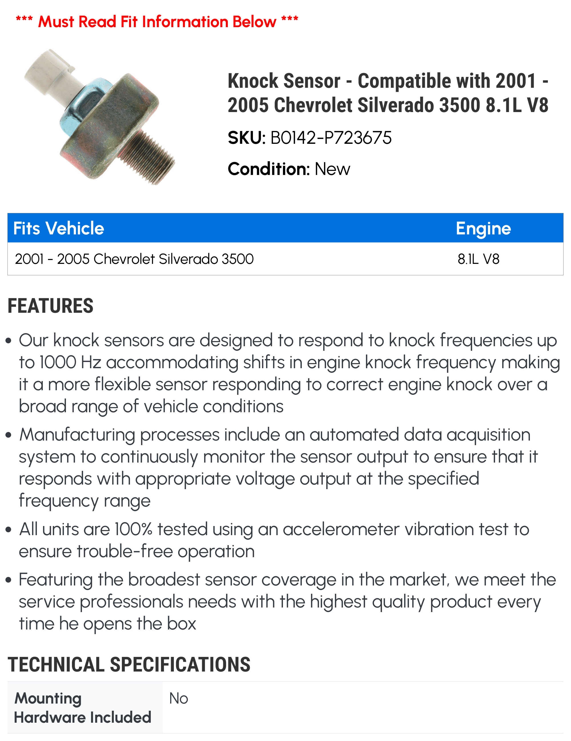 Knock Sensor - Compatible with 2001 - 2005 Chevy Silverado 3500 8.1L V8 2002 2003 2004