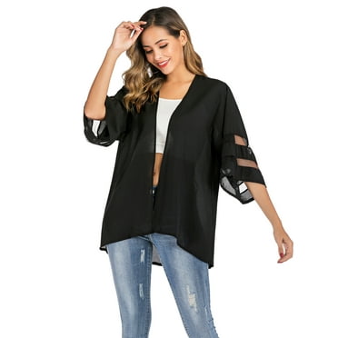 DODOING Women's Swimsuit Beach Cover Up Chiffon Cardigan Shirt Bikini Beachwear Bathing Suit Beach Front 3/4 Sleeve Loose Tops Plus Size