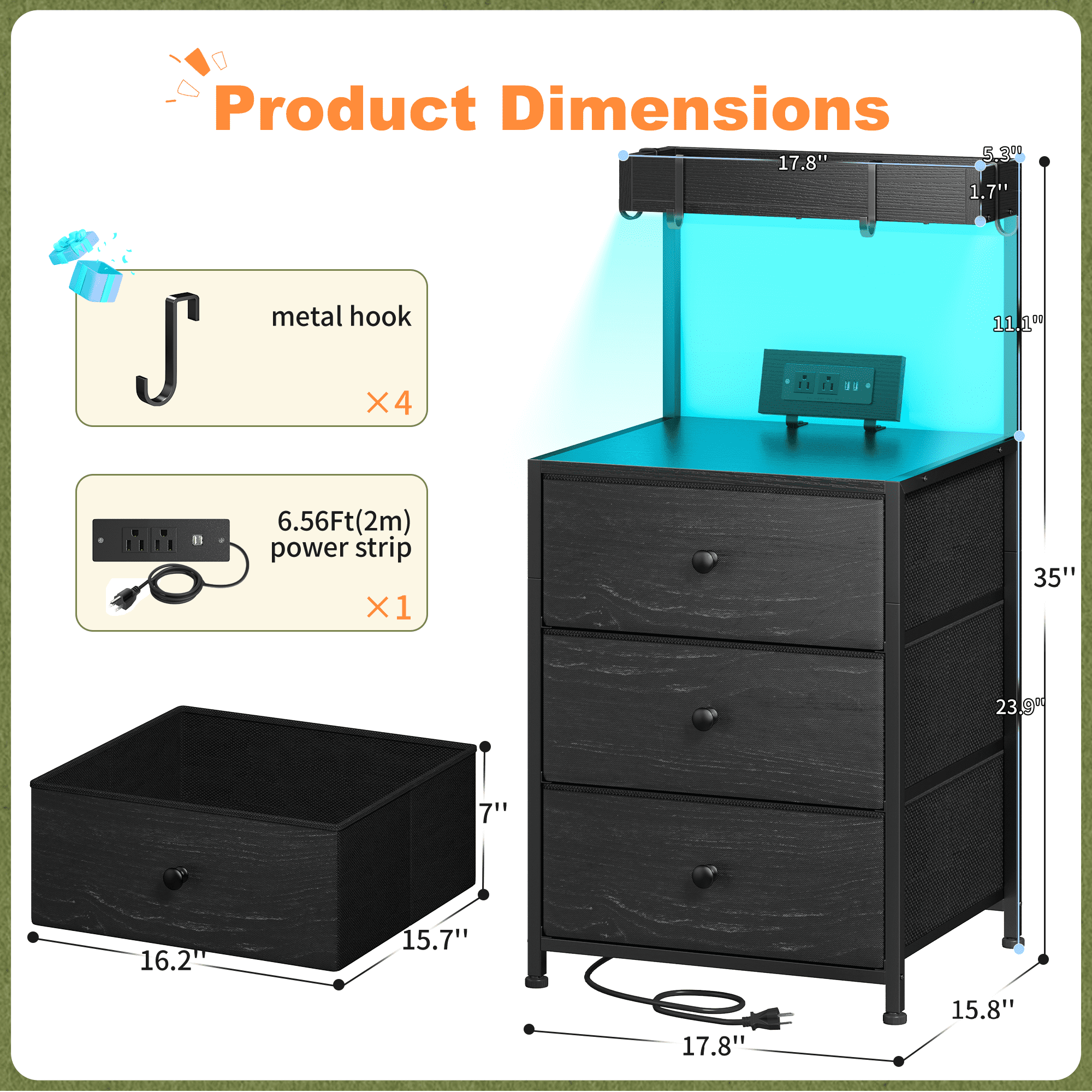 Romorgniz Set of 2 Tall Nightstands with Charging Station,LED Lights,3 Drawers & 4 Hooks,Bedside Tables with Outlets for Bedroom,Black