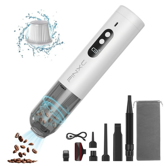 PINXC Mini Wireless Vacuum: 5-in-1, 15000pa suction, Battery Powered 30-min life,HEPA  washable filter, Vacuum Cleaner for Auto Interior, with Multi-Nozzles and Bag