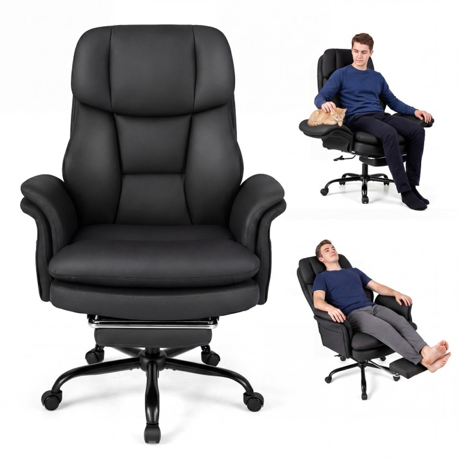Furnibear Big and Tall Executive Office Chair 500 lbs Ergonomic Cross Legged Computer Chair with Retractable Footrest and Flip Up Arms, Black