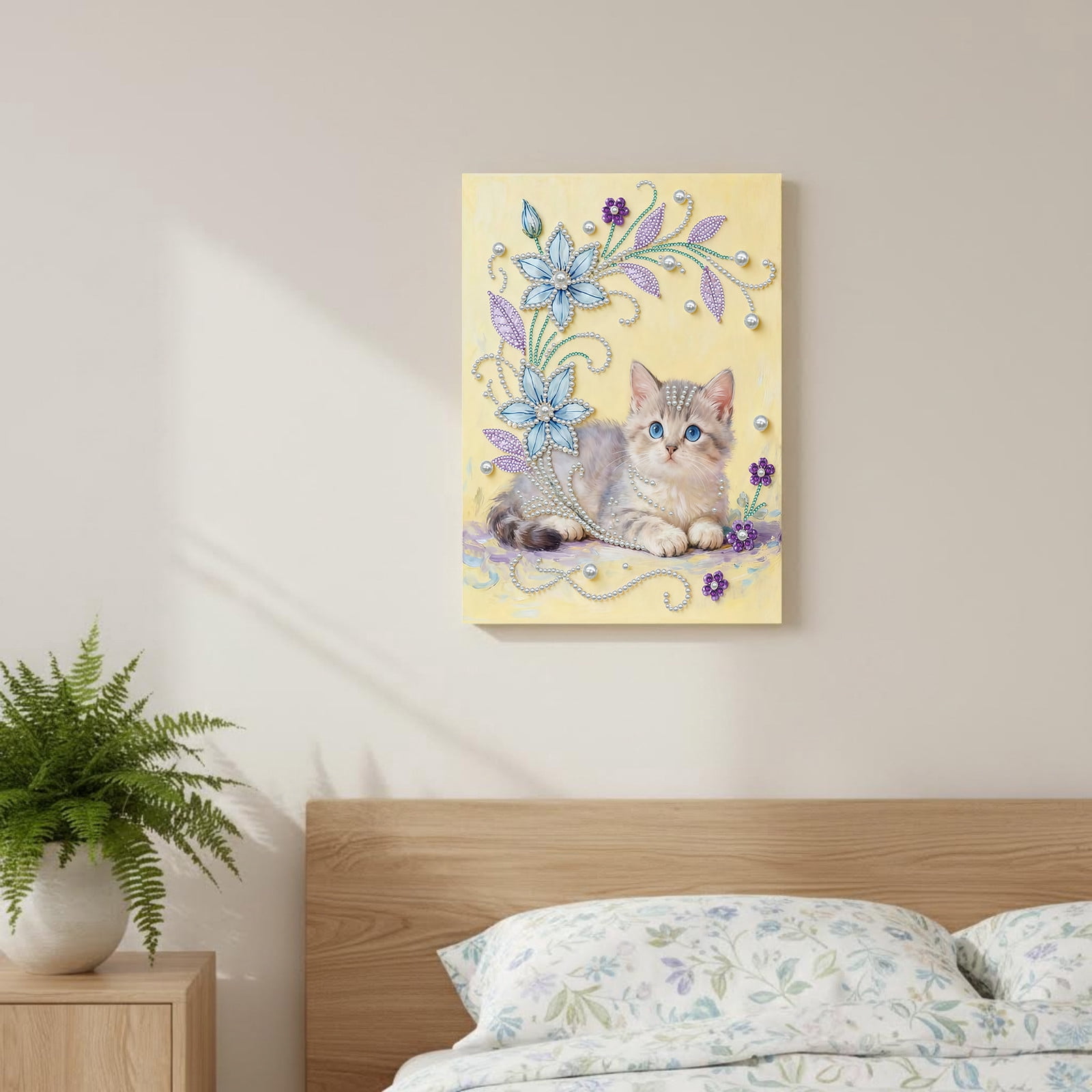 FLOPESN DIY Gemstone Pearl Diamond Art Painting Kit with Frame, 11.81x15.75in Colored Canvas, Home Decor Display for Tabletop and Wall -Cat