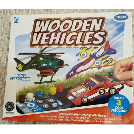 Horizon Wooden Vehicles Building Kit: Make 3 Cool Vehicles Build and Customize - Includes: 5 die Cut Wooden Sheets, Acrylic Paint strip, Paint Brush, Stickers, Sand Paper and Instructions Ages 6+