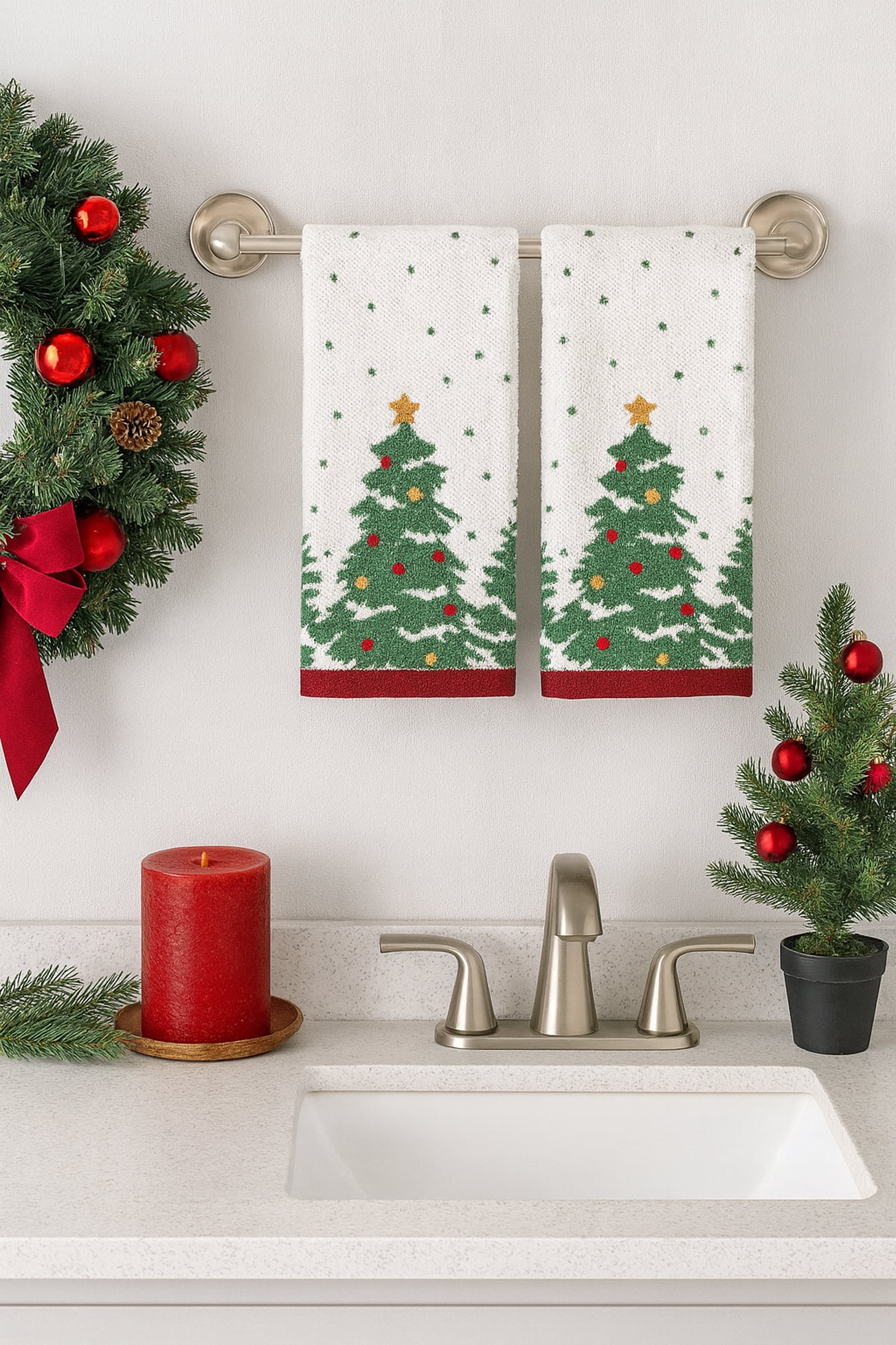 St Nicholas Christmas Tree Bath Hand Towels Embroidered Ornaments 2 Pieces Cotton
