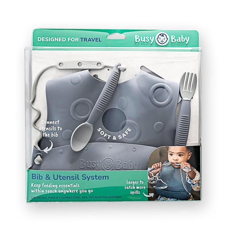 Busy Baby Silicone Feeding Bib with Utensils, Pewter photo 5