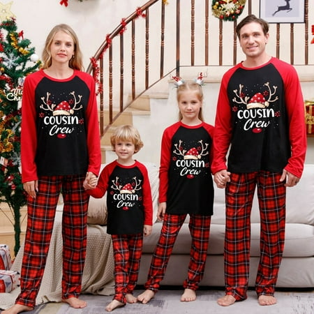 

Christmas Pajamas Set Holiday Santa Sleepwear Family Matching Christmas Pajamas Set Long Sleeve Tee Letter and Plaid Printed