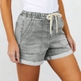 thumbnail image 4 of Boy Shorts for Women Womens Drawstring Denim Shorts Rolled Cuff Stretchy Casual Elastic Waist Jean Shorts with Pockets Summer Streetwear Gray XXL, 4 of 7