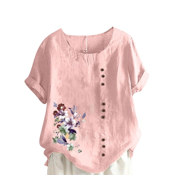 Camisetas de Manga Corta para las Mujeres Impreso Botón de Manga Corta Camiseta Blusa Poliéster, Ropa Casual Mirar Superior para las Mujeres