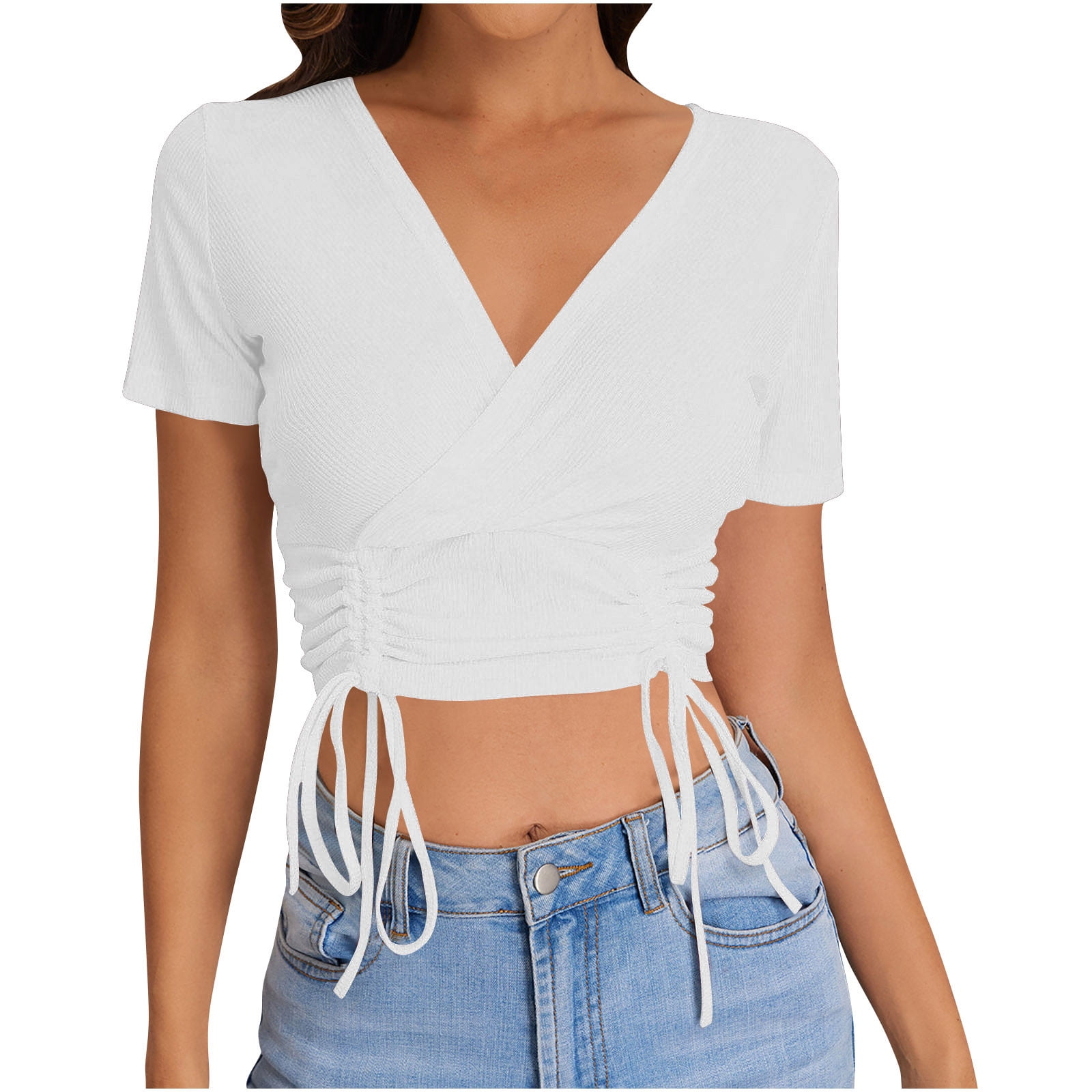 YDKZYMD Long Crop Top for Women Crew Neck Y2k Short Sleeve