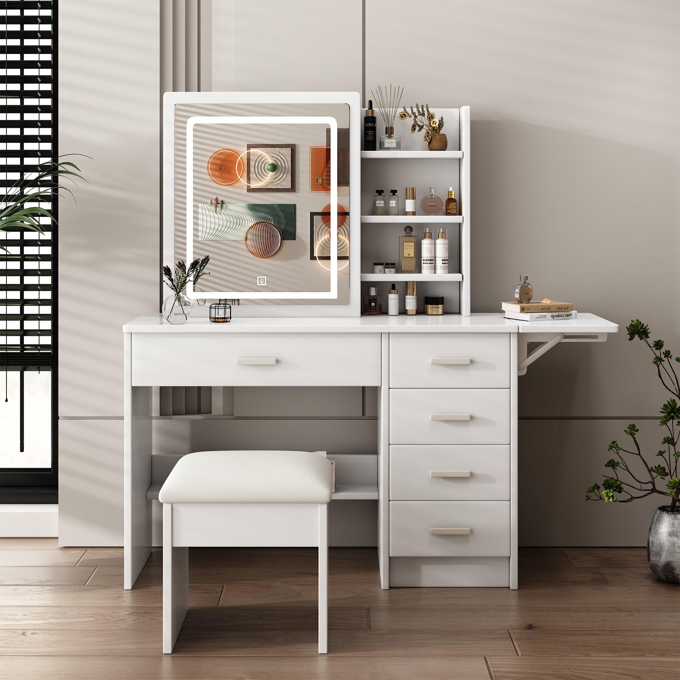 Aukfa Makeup Vanity Set with Mirror & Open Shelves, LED Vanity Desk, White