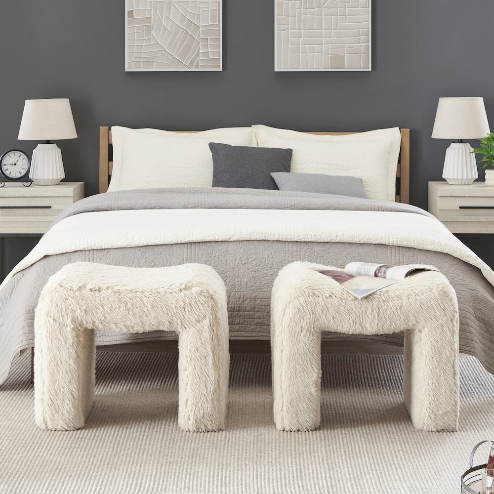 Roundhill Furniture Zorya Contemporary Faux Fur U-Shaped Ottoman, Set of 2