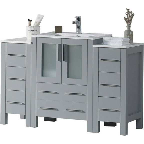 Blossom 48" Bathroom Vanity | Metal Grey | Ceramic Sink | Solid Wood | Double Side Cabinet | Freestanding