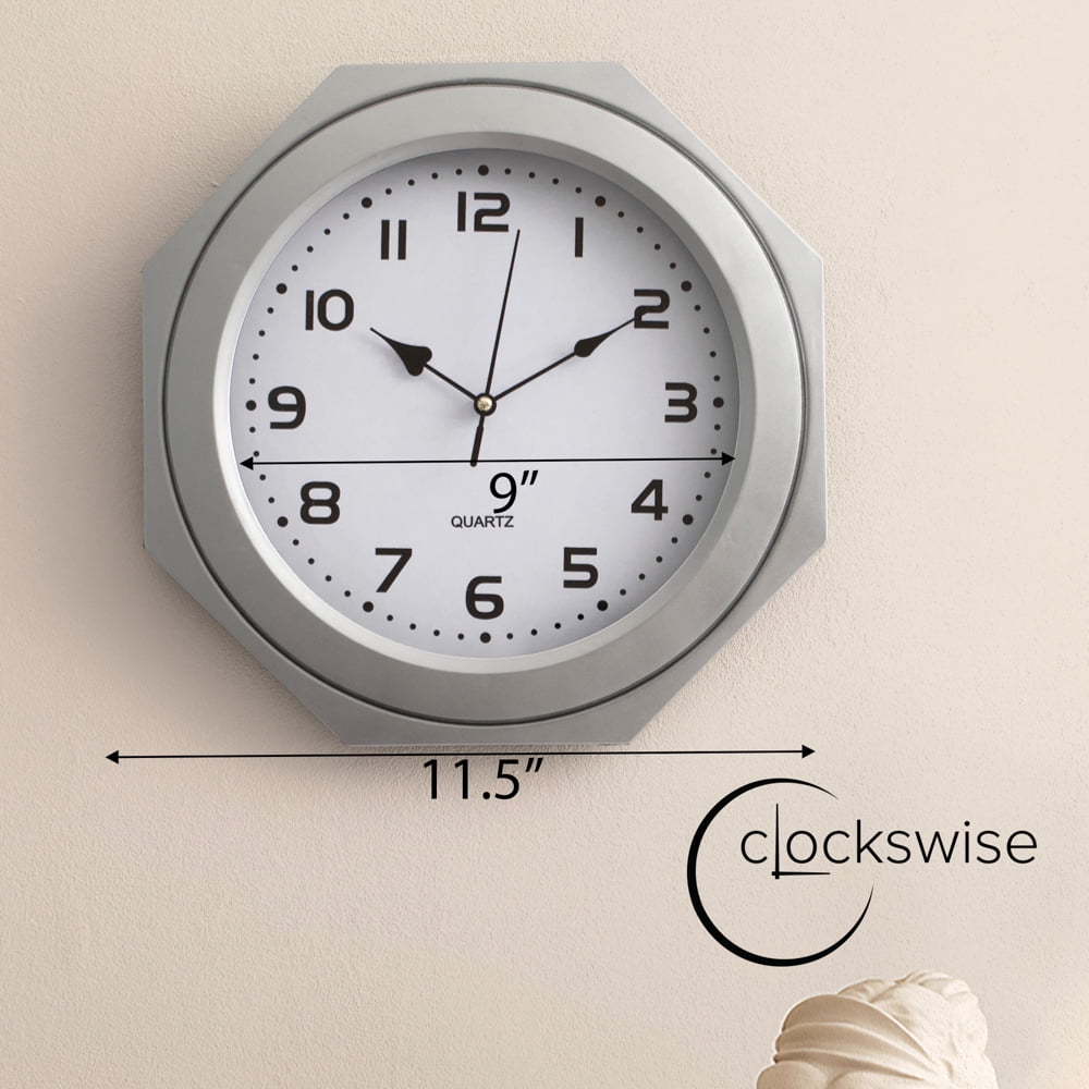 Clockswise 12-in Non-Ticking Octagon Plastic Analog Wall Clock - Elegant Decorative Accent for Home Décor in Bedroom, Bathroom, Living Room, Dining Room, Entryway, Hallway, Kitchen or Office, Silver