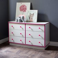 south shore logik 6-drawer double dresser, pure white and pink, pure white/pink