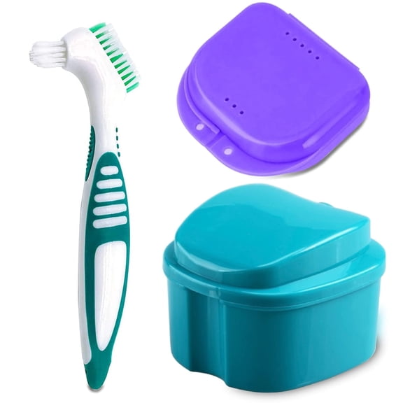ZHUYING Denture Bath Case Cup with Denture Cleaner Brush & Retainer Holder Box, Complete Clean Care for Dentures, Clear Braces, Mouth Guard, Night Guard & Retainers,Traveling (Blue)