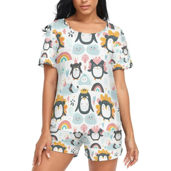joogoo Women's Pajama Set Cute Cartoon Penguins Short Sleepwear Loungewear with Pockets M