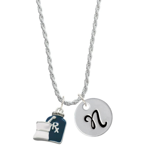 Delight Jewelry Silvertone Blue Prescription Bottle Silvertone Script Initial Disc - N - Charm Necklace, 20"+3"