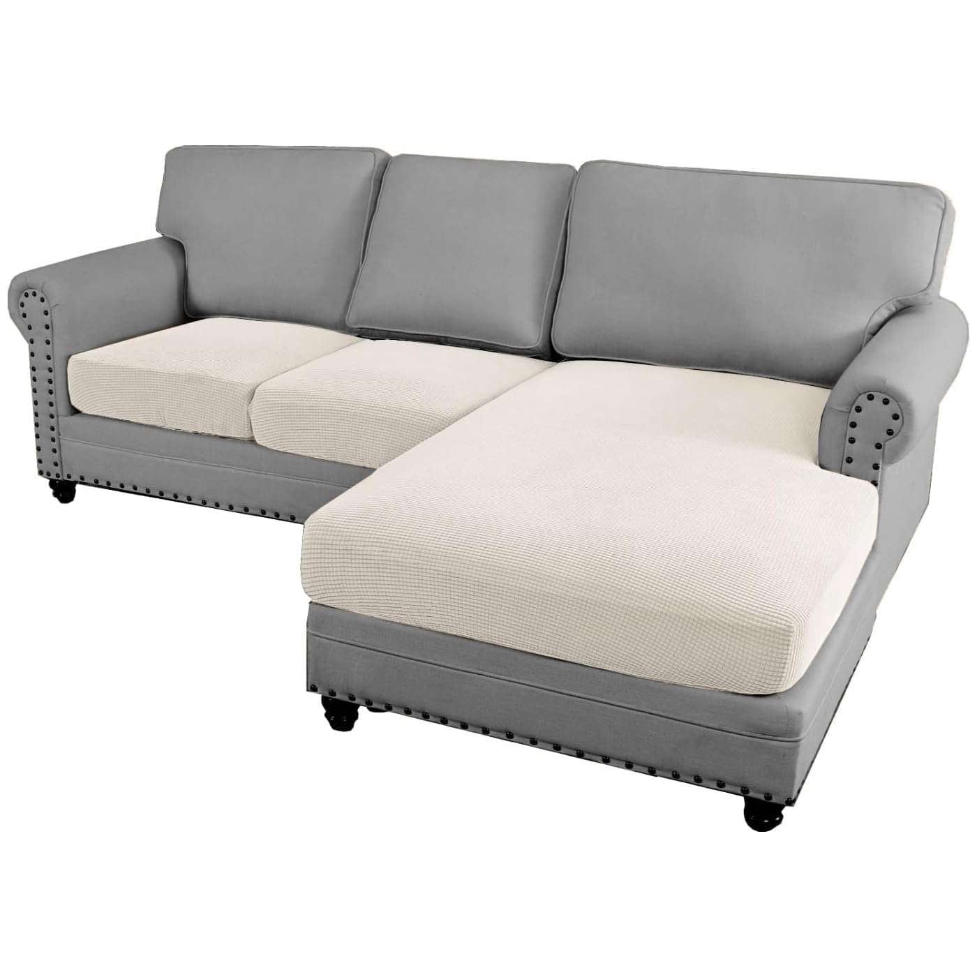 Turquoize 3-Piece Separate Slipcovers Textured Grid Polyester Blend Sectional Couch Sofa Covers for Left/Right L Shape Chaise Lounge Sofa, Ivory 2 Seater + 1 Chaise