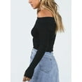 thumbnail image 3 of Arvbitana Women's Off-Shoulder Cropped Sweater Solid Color Ribbed Knit Tops Boat Neck Long Sleeve Pullover Show Navel Knitwear Streetwear, 3 of 7