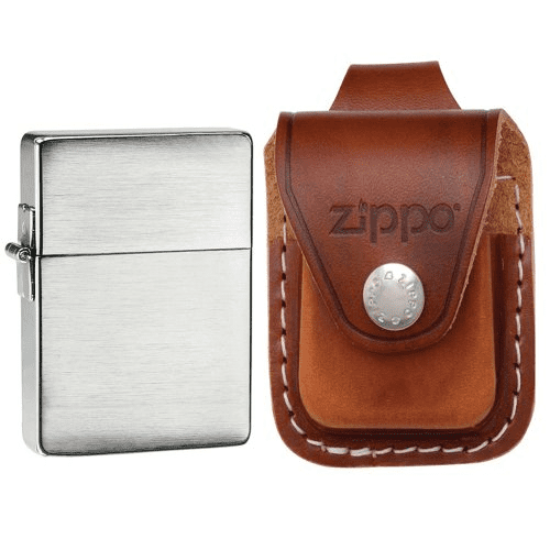 Zippo 1935.25 Replica Brushed Chrome Plain Windproof Lighter with Zippo  Brown Leather Loop Pouch