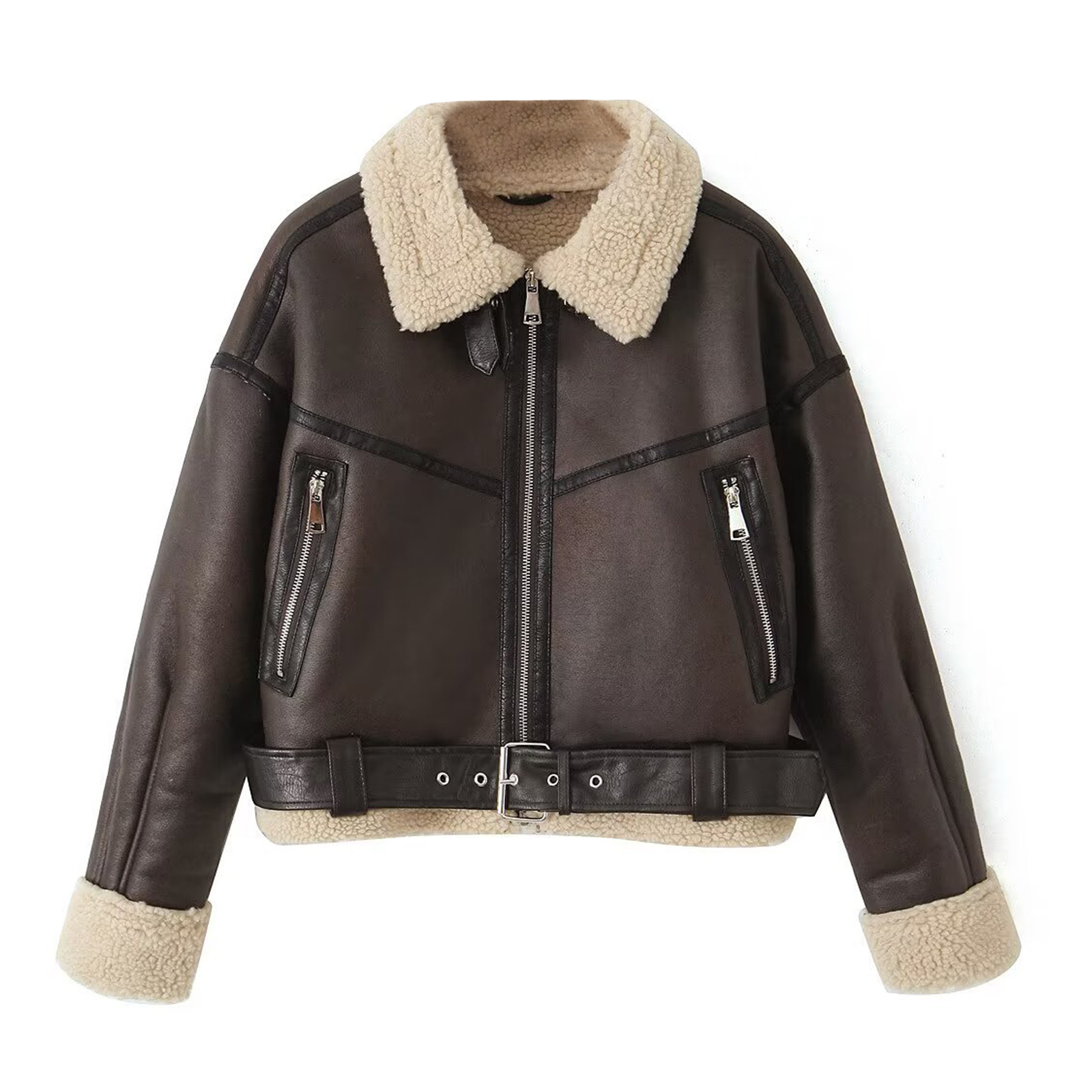 NANAIQ Winter New Women's Fur Short Leather Jacket Padded Thick Warm Artificial Fur Thicken Warm Zipper Women’s Puffer Jacket Coat, Light Brown, M