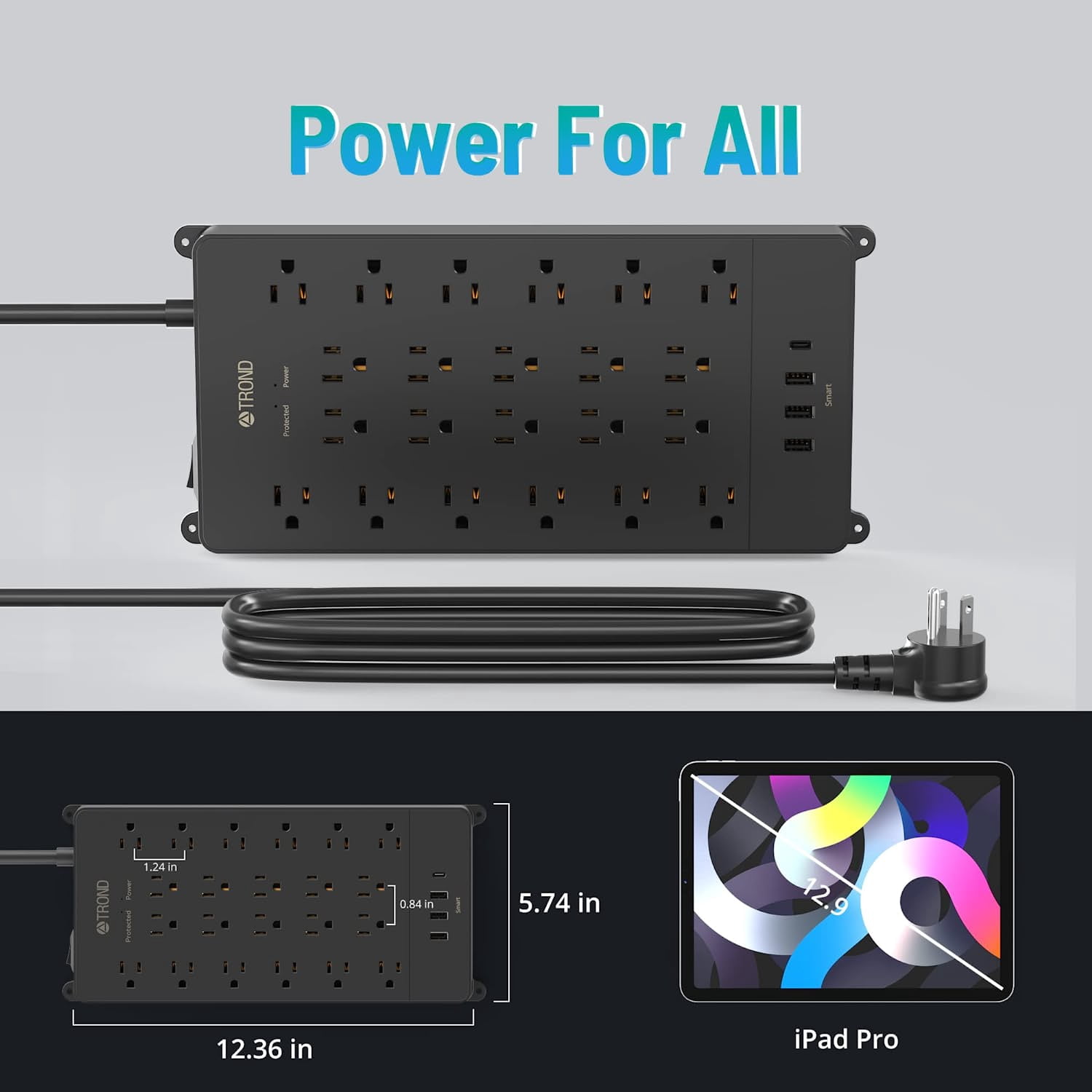TROND Surge Protector Power Strip with USB C, 10ft Long Extension Cord Multi Plug Outlets, 3 USB-A Ports 1 USB C and 22 AC Outlets 4000J, ETL Listed, Black
