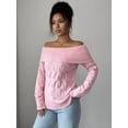 thumbnail image 4 of Womens Sweaters Off Shoulder Long Sleeve Cable Knit Sweater Loose Chunky Work Tops Pink M, 4 of 7