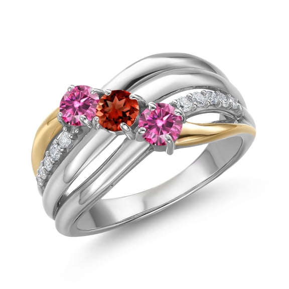 Gem Stone King 925 Silver and 10K Yellow Gold Pink Moissanite and Red Garnet and Lab Grown Diamond Engagement Ring for Women | 0.98 Cttw | Round 4MM | Birthstone | Size 8