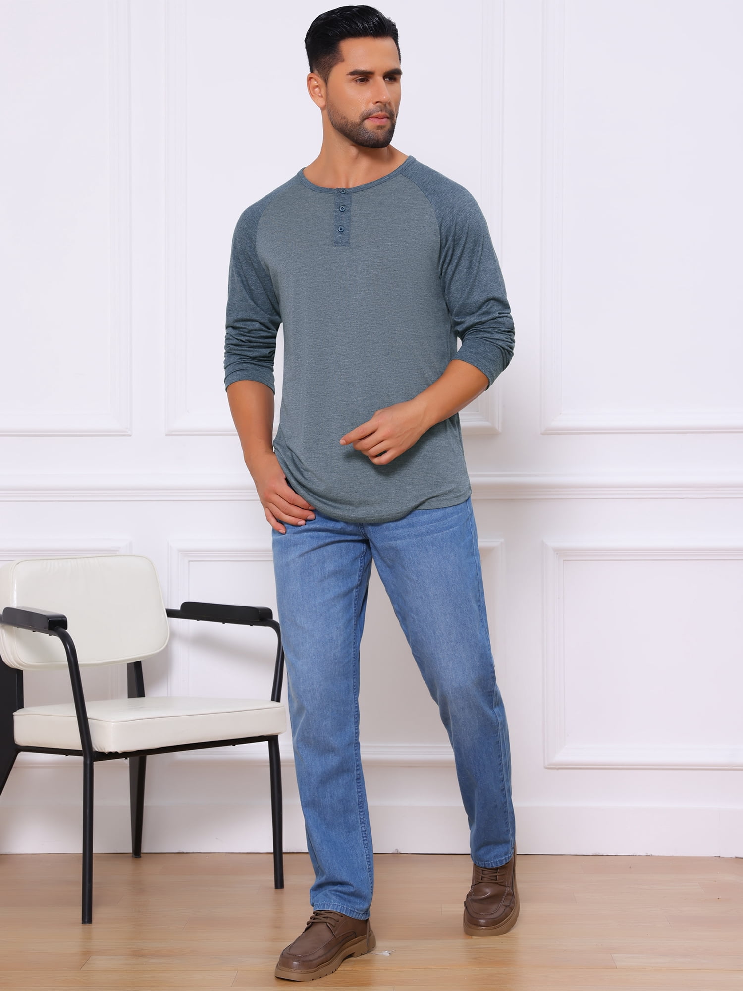 DARING DIVA Men's Raglan Long Sleeve Tee Shirt Baseball Henley T-Shirts 2XL Dark Blue